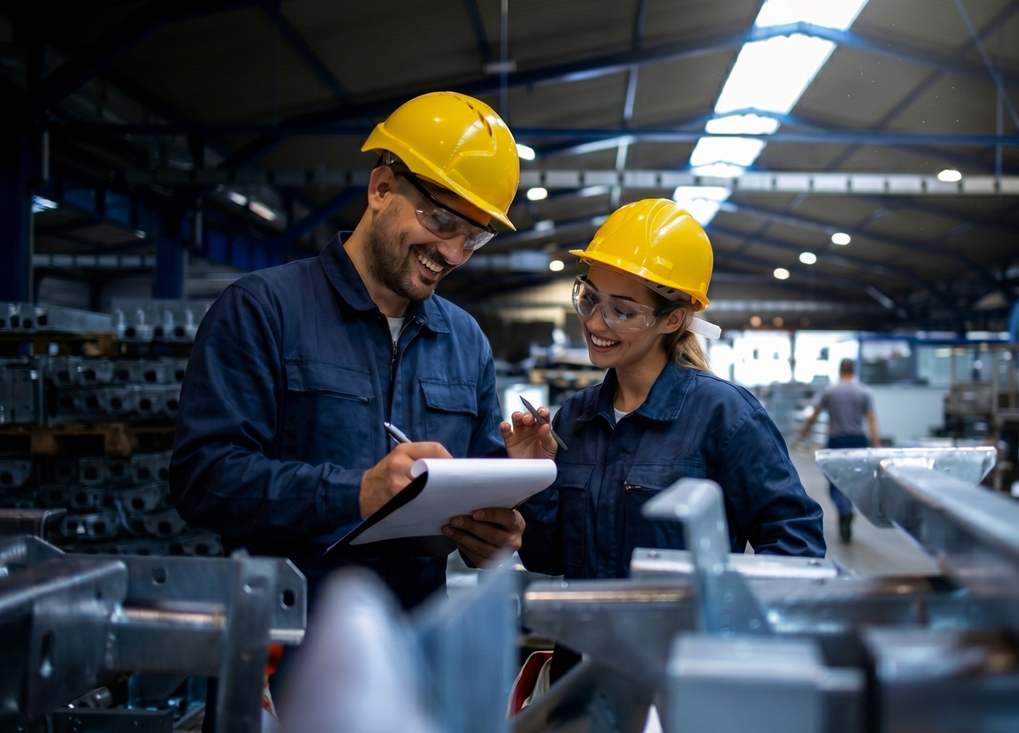 Equipe em ambiente industrial colaborando com segurança e bem-estar